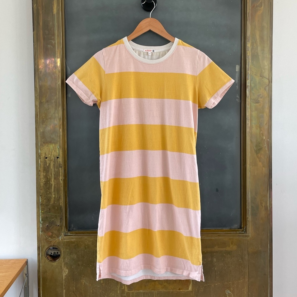 Sundry Yellow Pink Stripe T Shirt Dress Casual Cotton USA Size 2 small